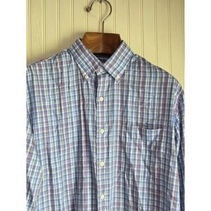 Peter Millar Shirt Mens Large Blue Plaid Button Down Long Sleeve Cotton Silk